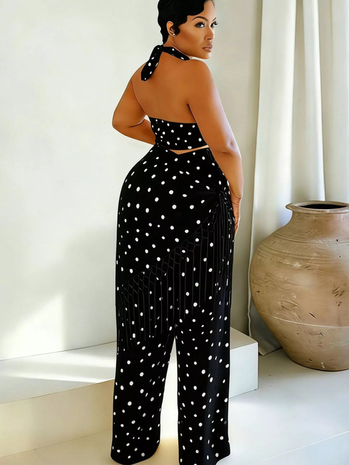 Polka Dot Halter Neck Cami Fringe Trim Pants Set (10)
