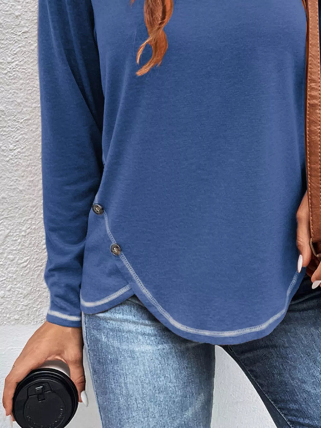 Casual Long Sleeve Exposed Seam T-shirt Decor Button (10)