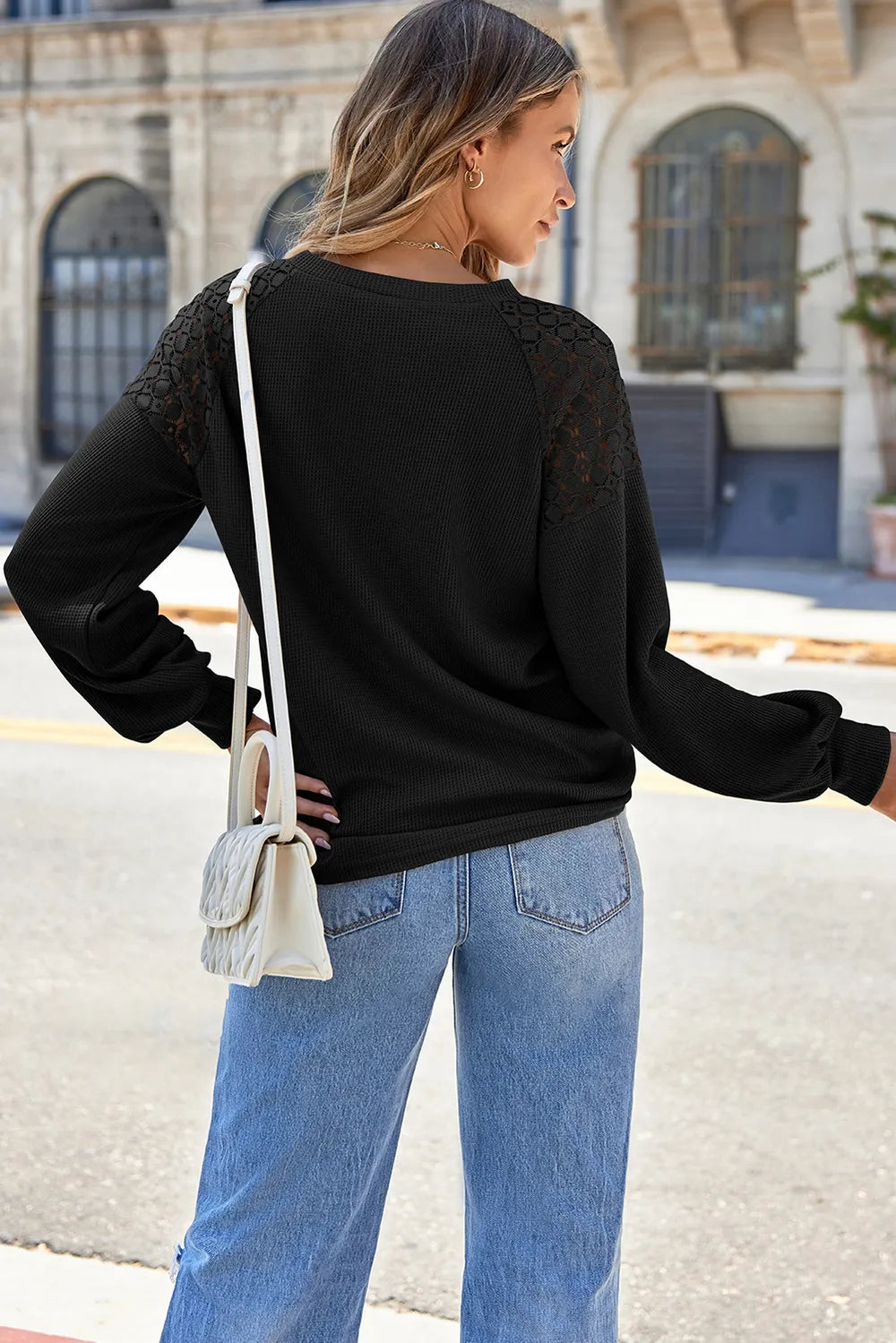 Lace Detail Round Neck Lantern Sleeve Top (7)