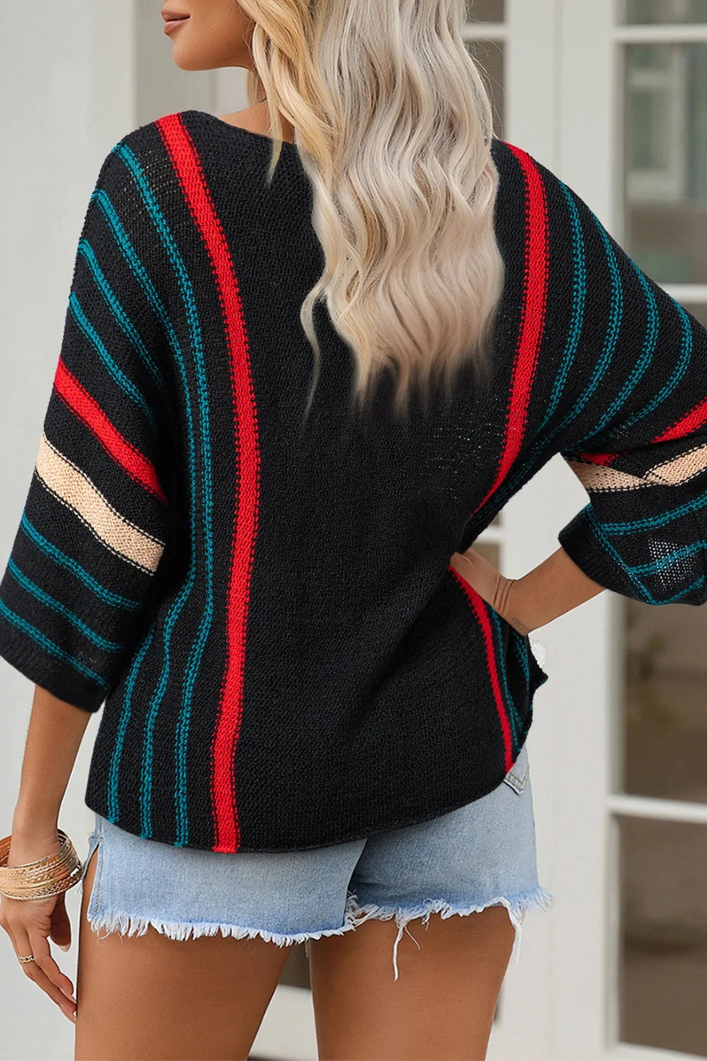 Striped Boat Neck Three-quarter Sleeve Knit Top (3)