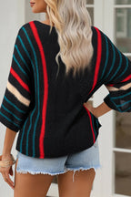 Striped Boat Neck Three-quarter Sleeve Knit Top (3)