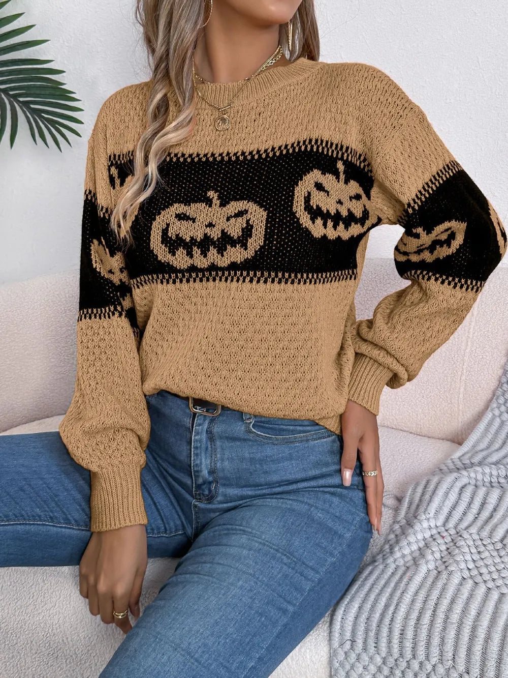 Pumpkin Round Neck Long Sleeve Sweater (12)