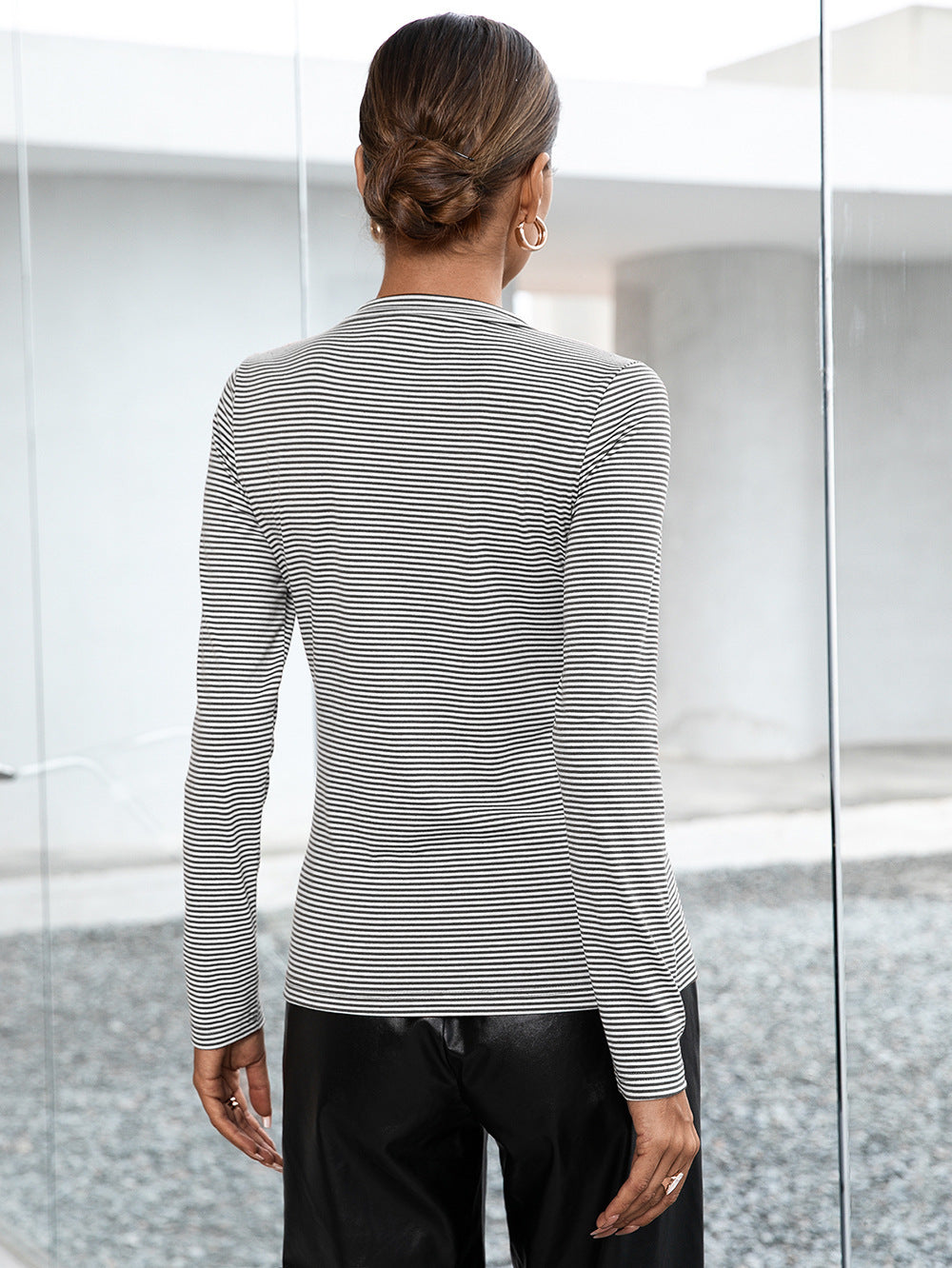 Striped Buttoned V-neck Long Sleeve Top (2)