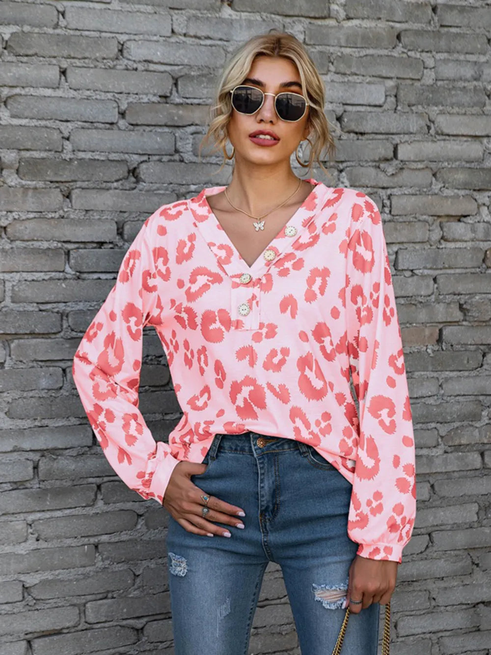 Leopard V-neck Decorative Button Long Sleeve Blouse (9)