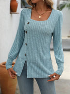 Decorative Button Striped Square Neck Long Sleeve T-shirt