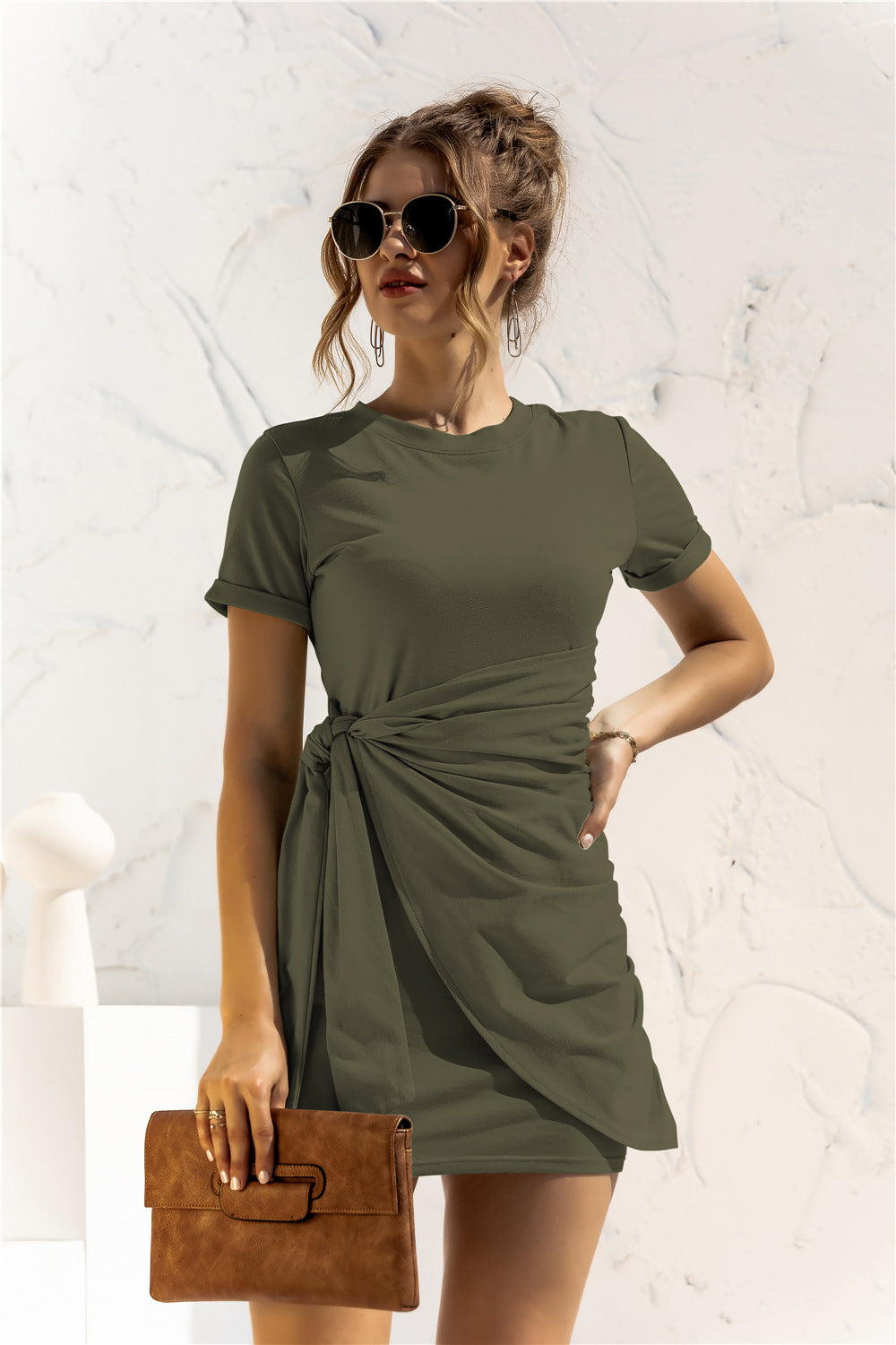 Round Neck Cuffed Sleeve Side Tie Dress (3)