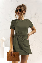 Round Neck Cuffed Sleeve Side Tie Dress (3)
