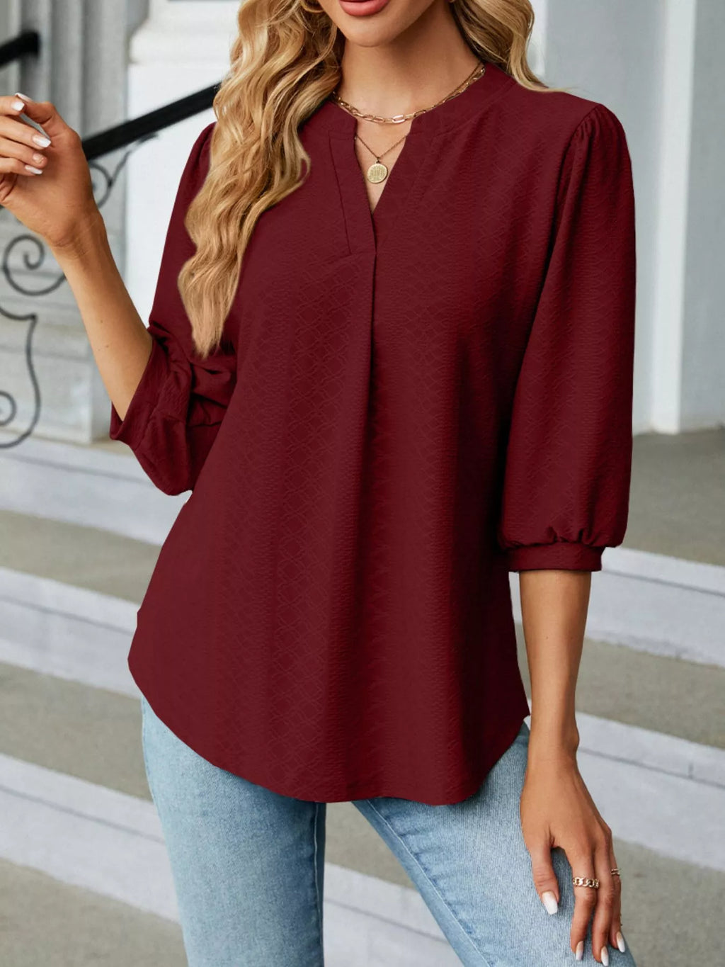Notched 3/4 Sleeve Casual Top (24)