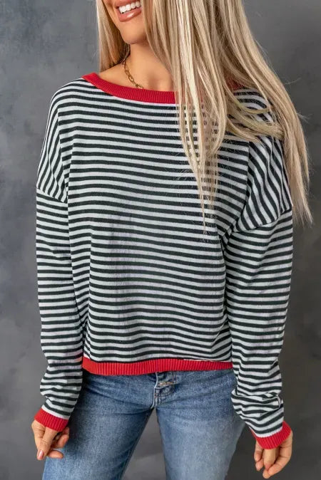 Striped Round Neck Drop Shoulder T-shirt (9)
