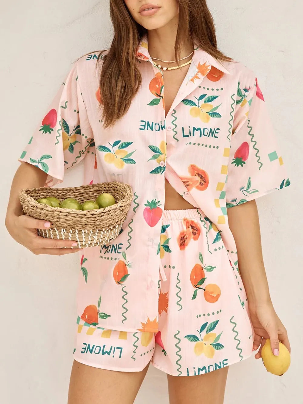 Printed Button Down Shirt Shorts Set