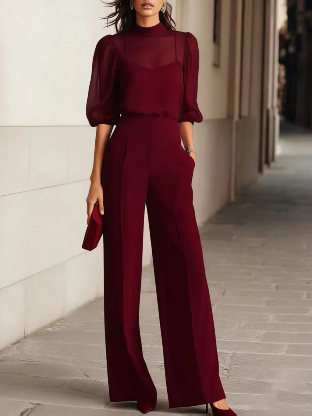Mock Neck Puff Sleeve Top Wide Leg Pants Set (5)
