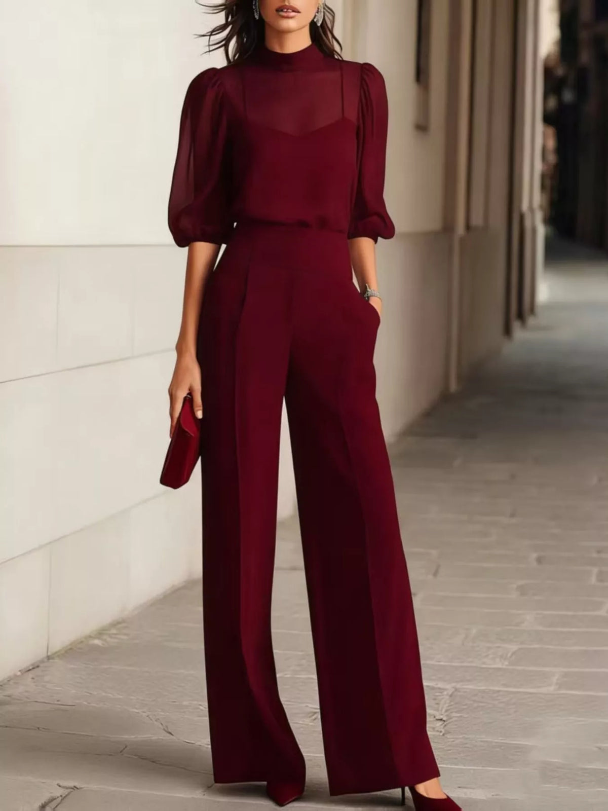 Mock Neck Puff Sleeve Top Wide Leg Pants Set (5)
