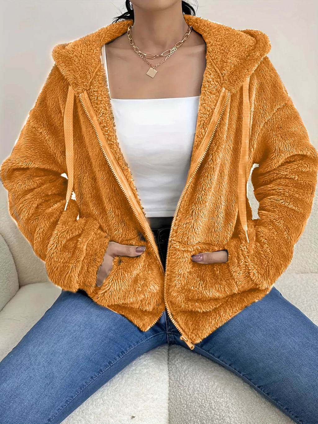 Drawstring Fleece Zip-up Outerwear (13)