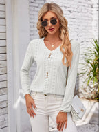 Decorative Button Openwork V-neck T-shirt (5)