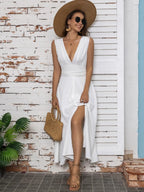 Full Size Slit V-neck Sleeveless Midi Dress (5)