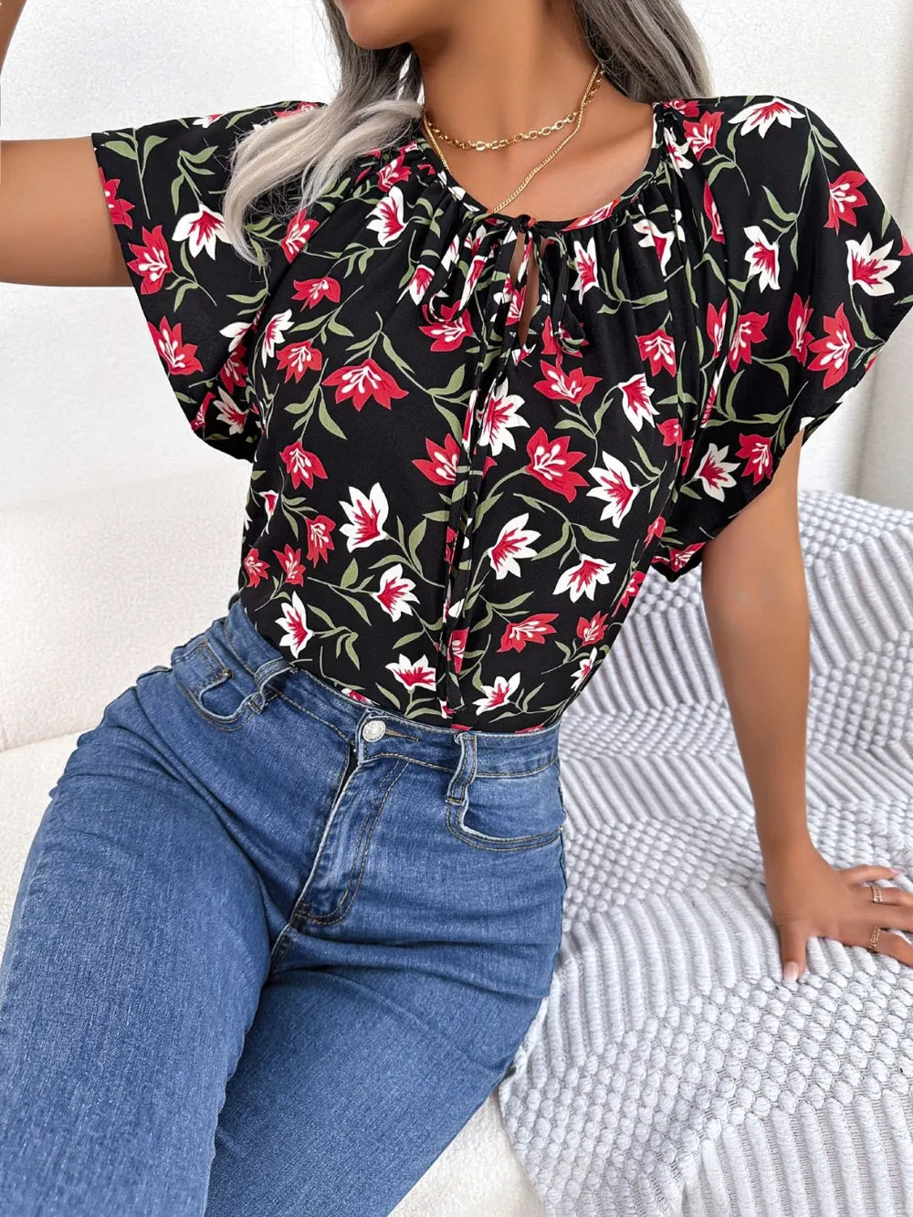 Floral Tie Neck Flutter Sleeve Blouse (5)