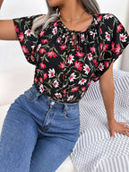 Floral Tie Neck Flutter Sleeve Blouse (5)
