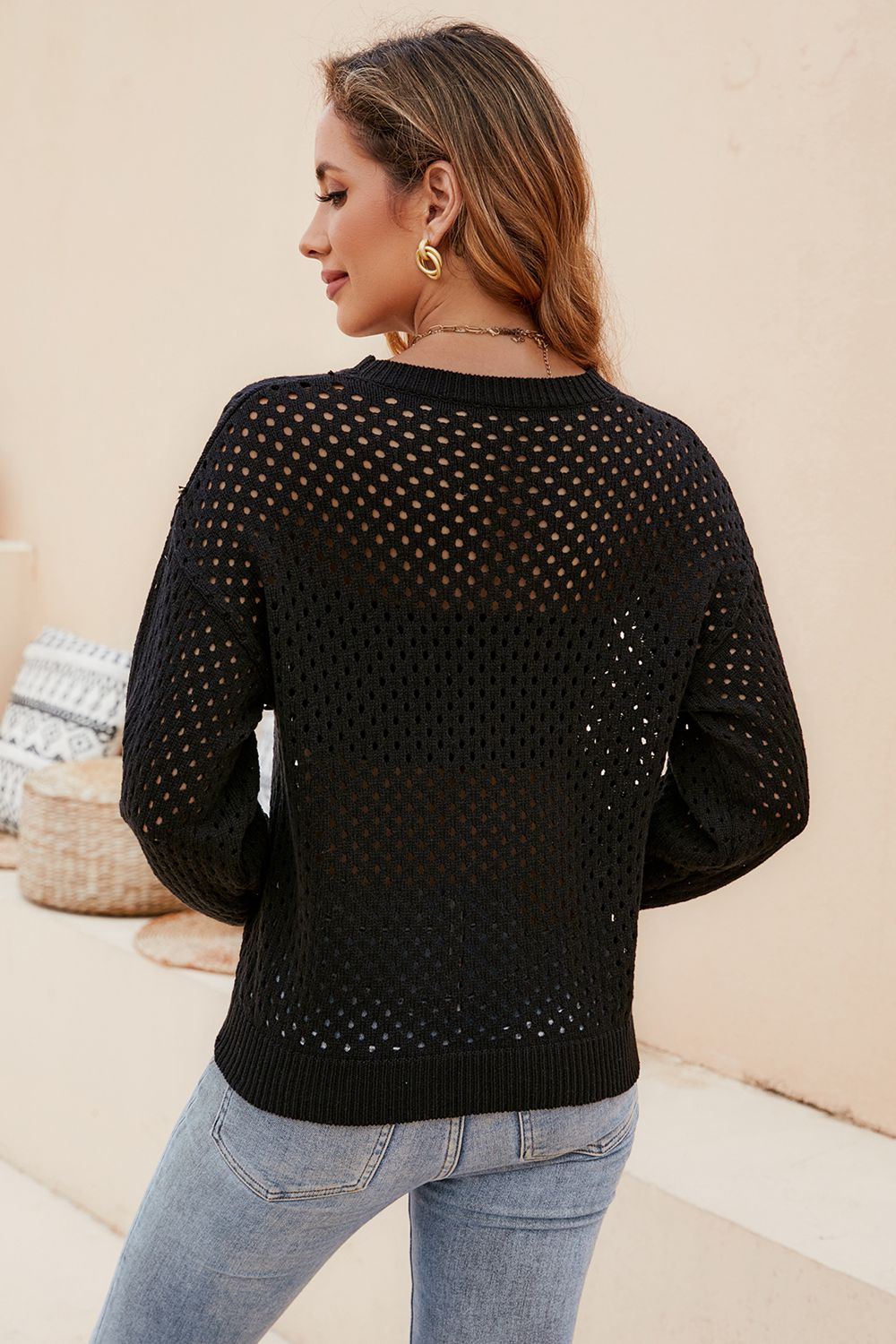 Round Neck Openwork Dropped Shoulder Knit Top (13)