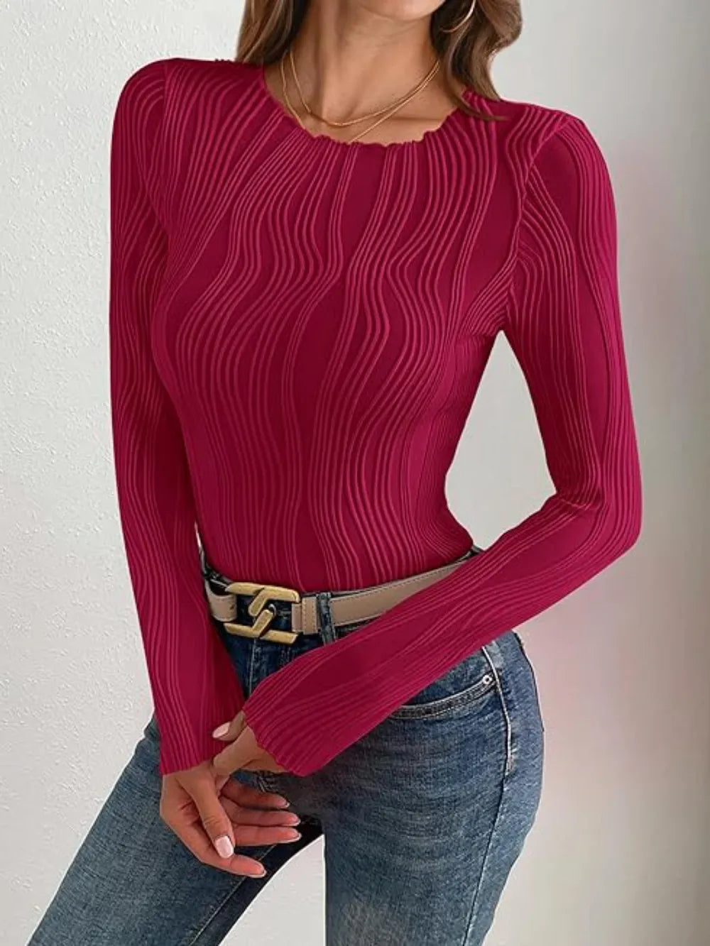 Textured Round Neck Long Sleeve Top (15)