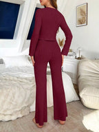 Bow Detail Ribbed Knit Top Pants Lounge Set (8)