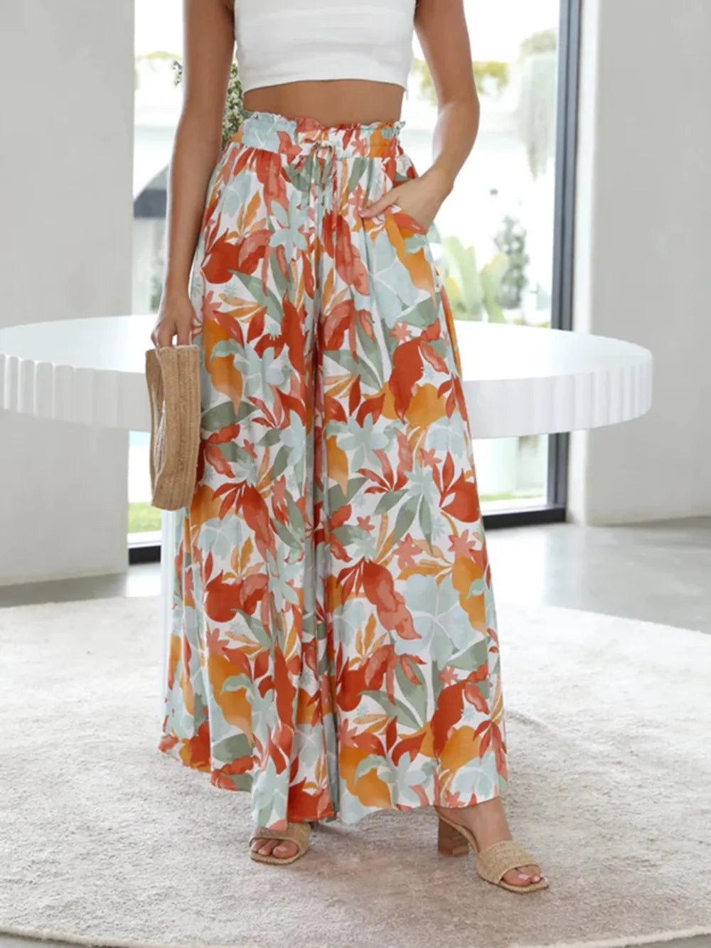 Drawstring Paperbag Waist Printed Wide Leg Pants (9)