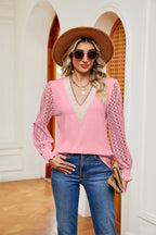 Contrast V-neck Long Sleeve Blouse (6)