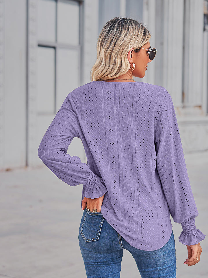 V-neck Eyelet Flounce Sleeve Blouse (2)
