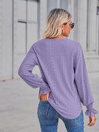 V-neck Eyelet Flounce Sleeve Blouse (2)