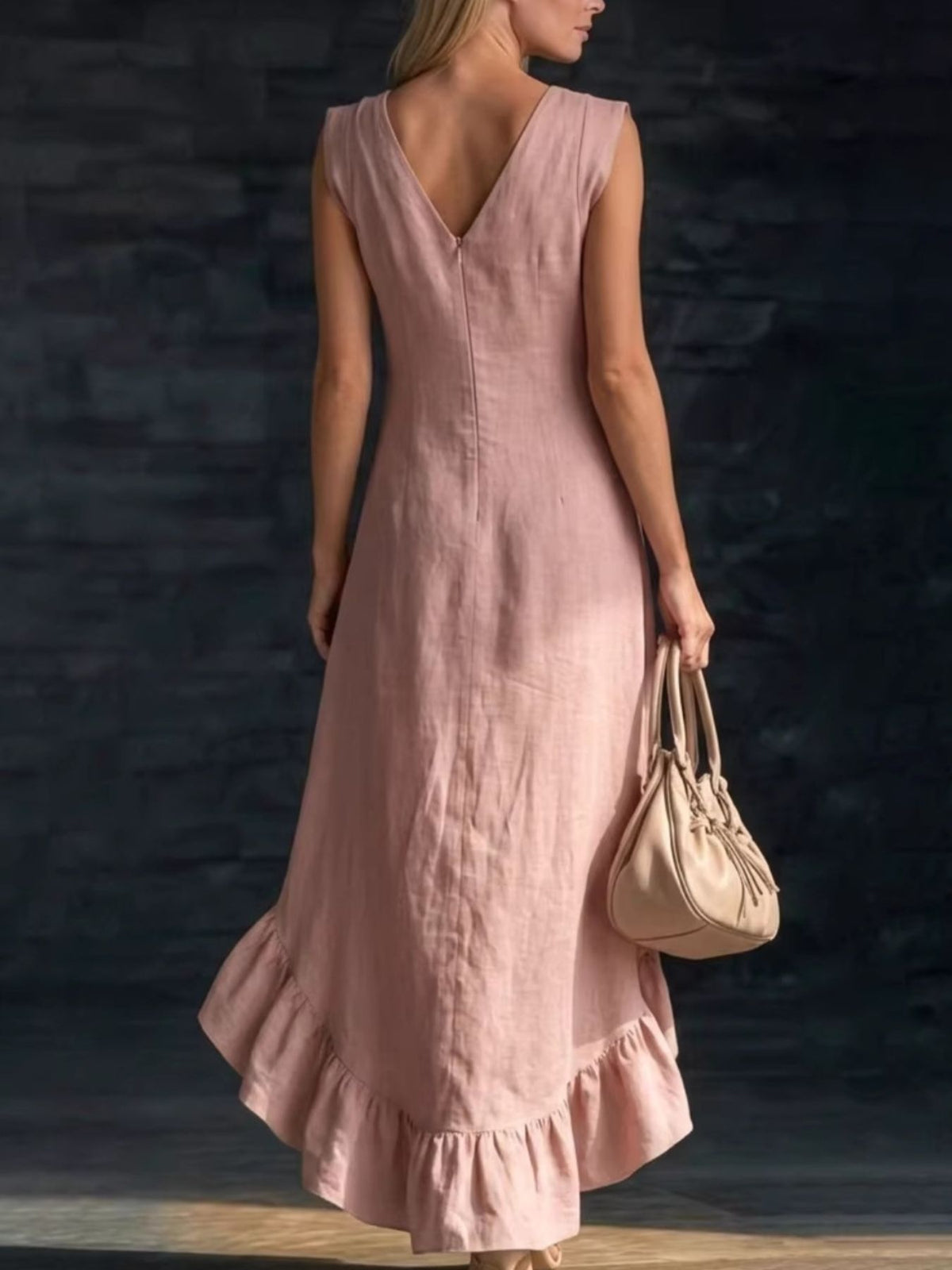Sleeveless V-neck Ruffle Hem High-low Dress (5)
