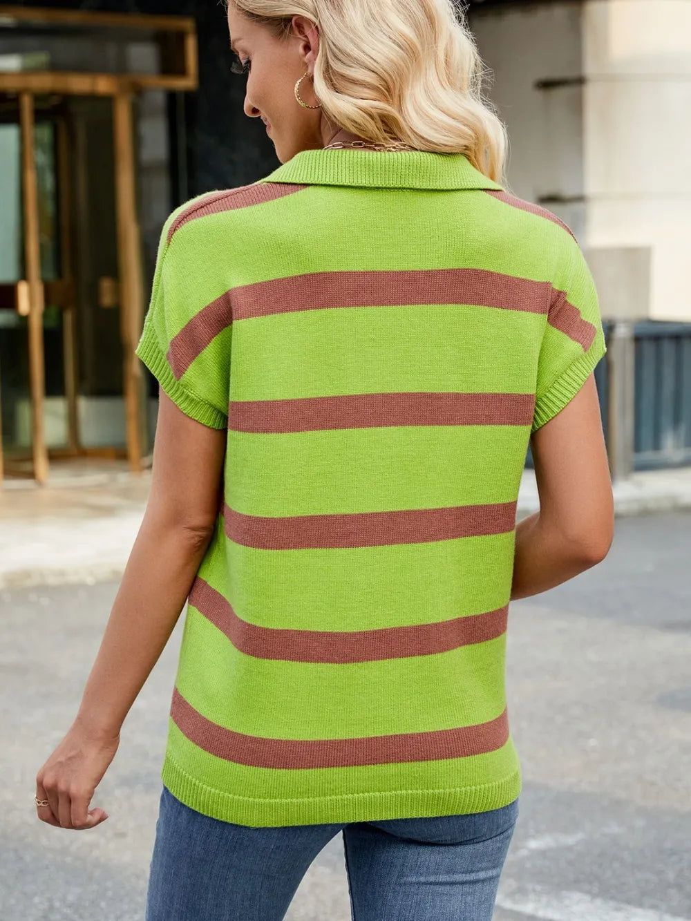 Striped Johnny Collar Cap Sleeve Sweater (12)