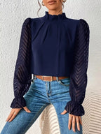 Mock Neck Sheer Lace Sleeve Blouse (15)
