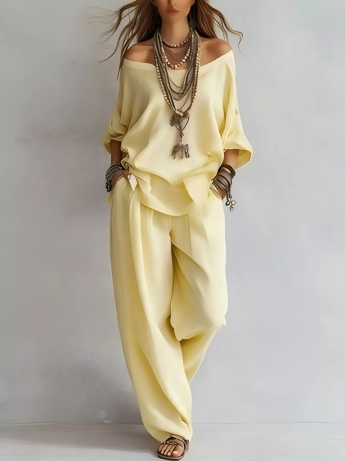Off-shoulder Loose Fit Top Pants Two-piece Set (7)