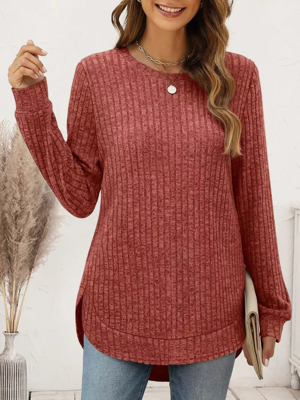 Ribbed Round Neck Long Sleeve T-shirt (3)