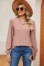Eyelet V-neck Flounce Sleeve T-shirt (17)