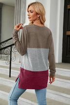 Block Round Neck Long Sleeve Slit T-shirt (9)