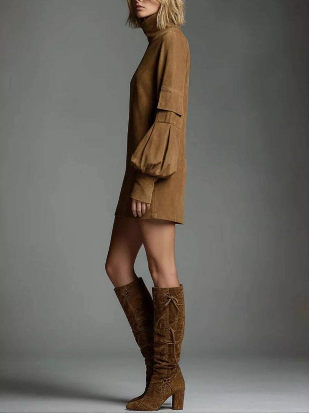 Turtleneck Lantern Sleeve Mini Dress Pockets (4)