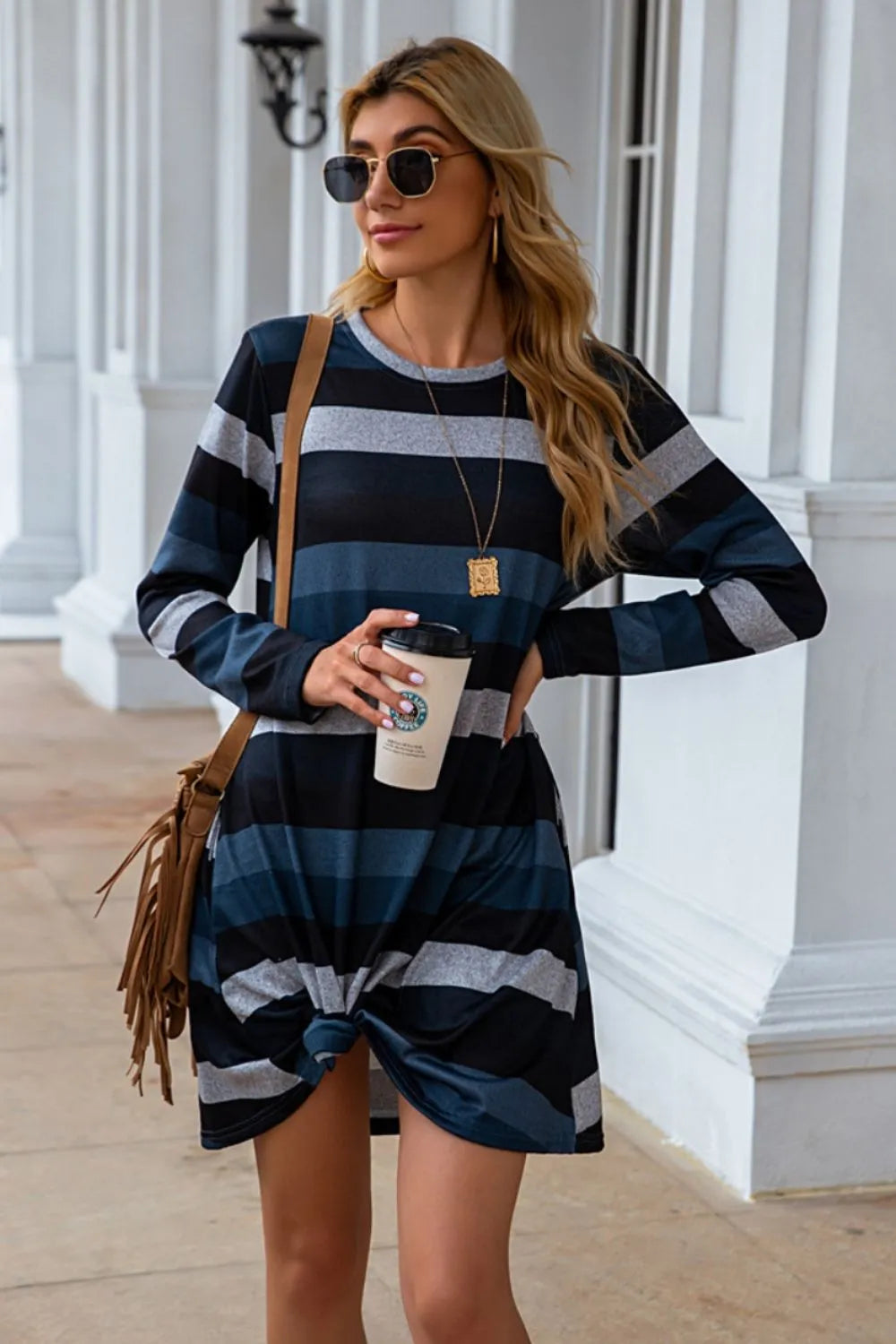 Striped Round Neck Long Sleeve Dress (10)