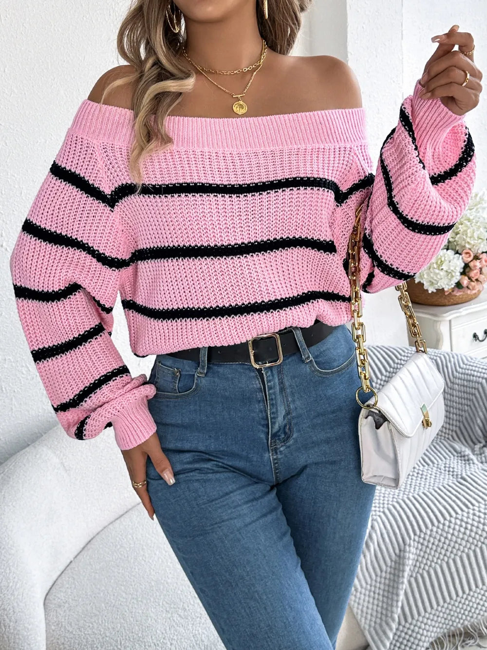 Striped Off-shoulder Long Sleeve Sweater (15)
