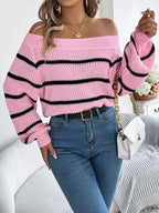 Striped Off-shoulder Long Sleeve Sweater (15)