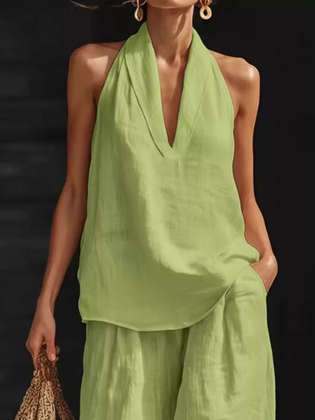 Full Size Halter Neck Top Wide Leg Pants Set Plus (15)