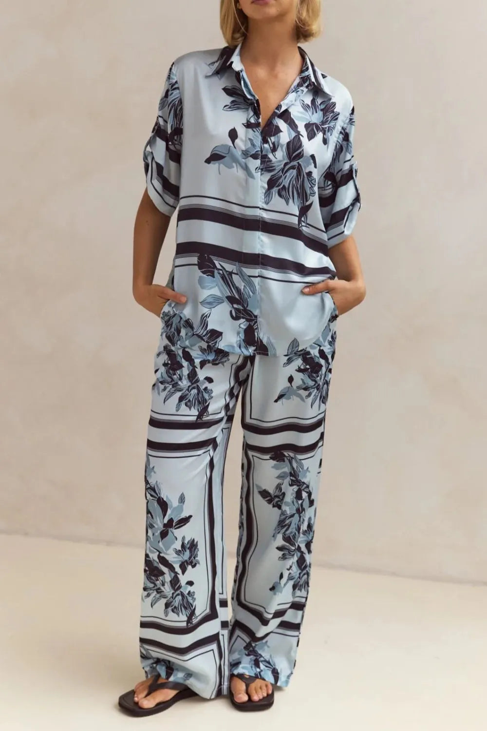 Printed Button Up Shirt Pants Set (17)