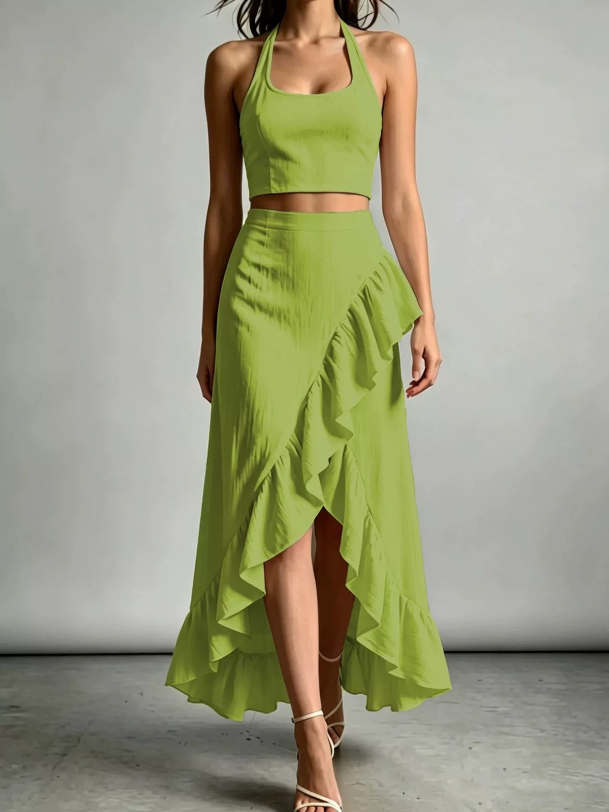 Halter Neck Crop Top High-low Maxi Skirt Two-piece Set (7)