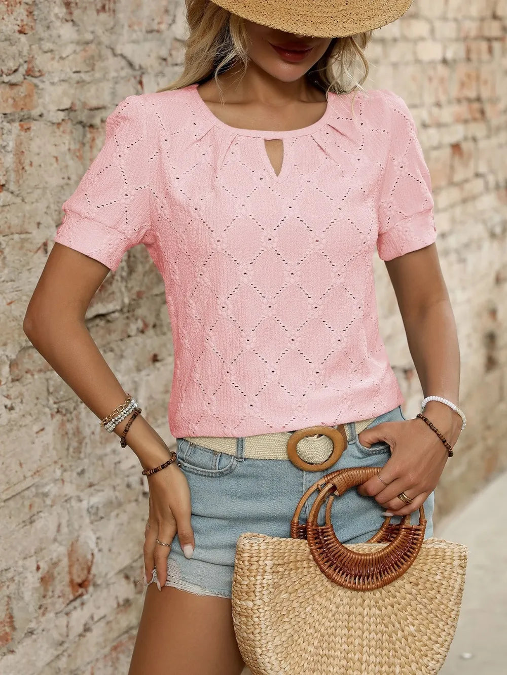 Eyelet Round Neck Short Sleeve Top (8)