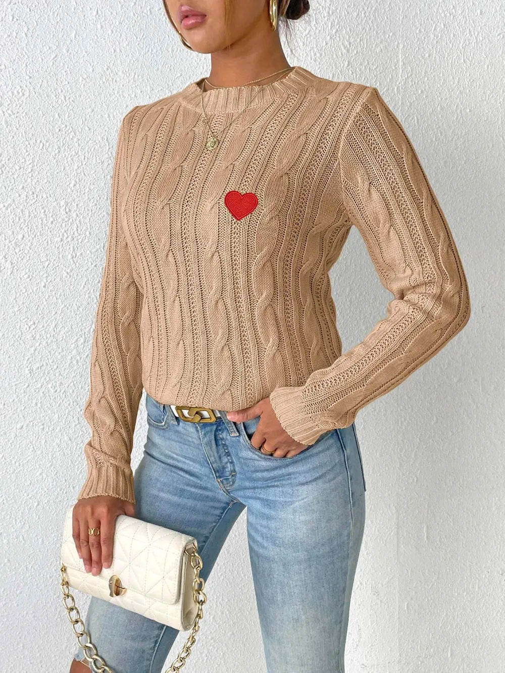 Cable-knit Heart Round Neck Long Sleeve Sweater (12)