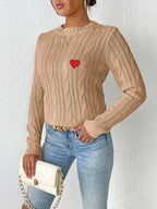 Cable-knit Heart Round Neck Long Sleeve Sweater (12)