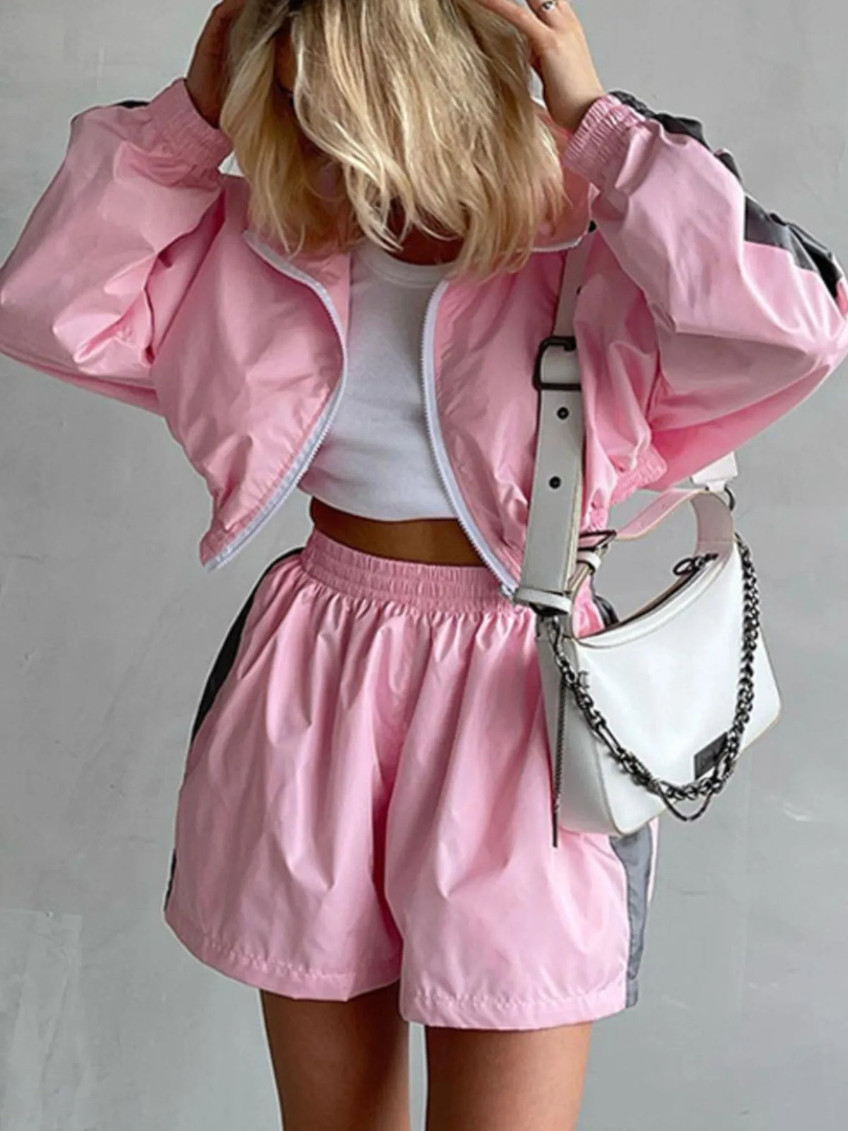 Zip Up Long Sleeve Jacket Shorts Set (9)