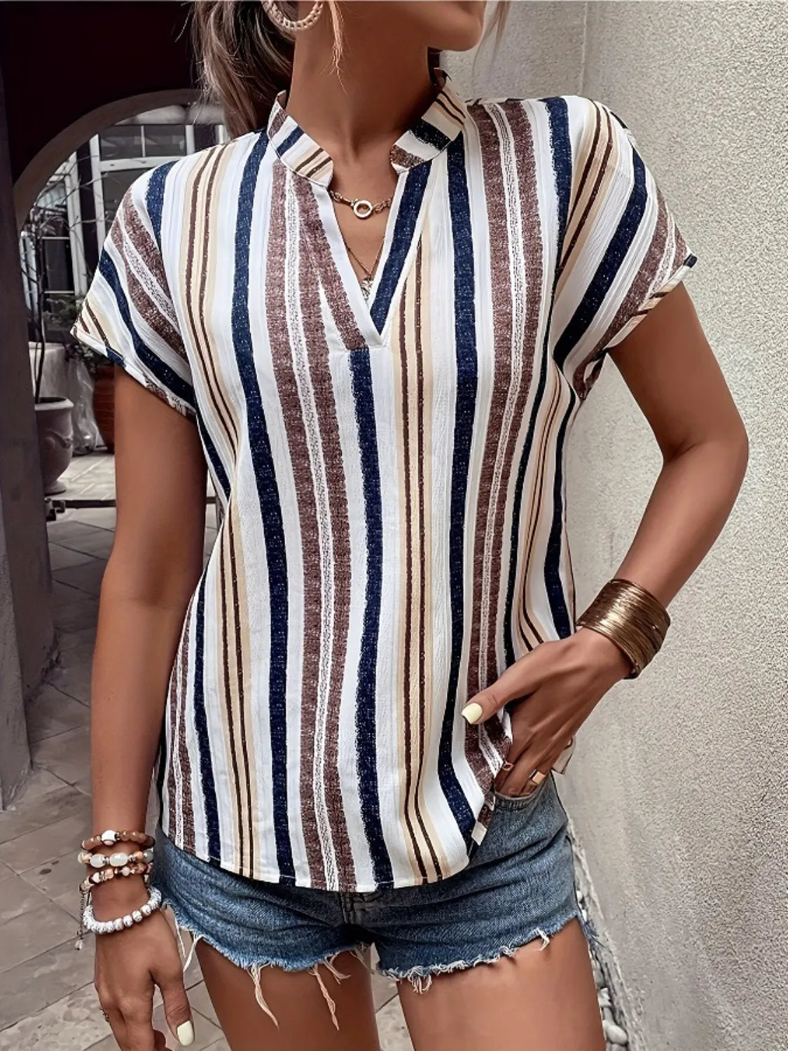 Striped Notched Short Sleeve Shirt (7)