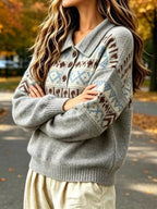 Full Size Vintage Fair Isle Pattern Polo Collar Sweater Plus (7)