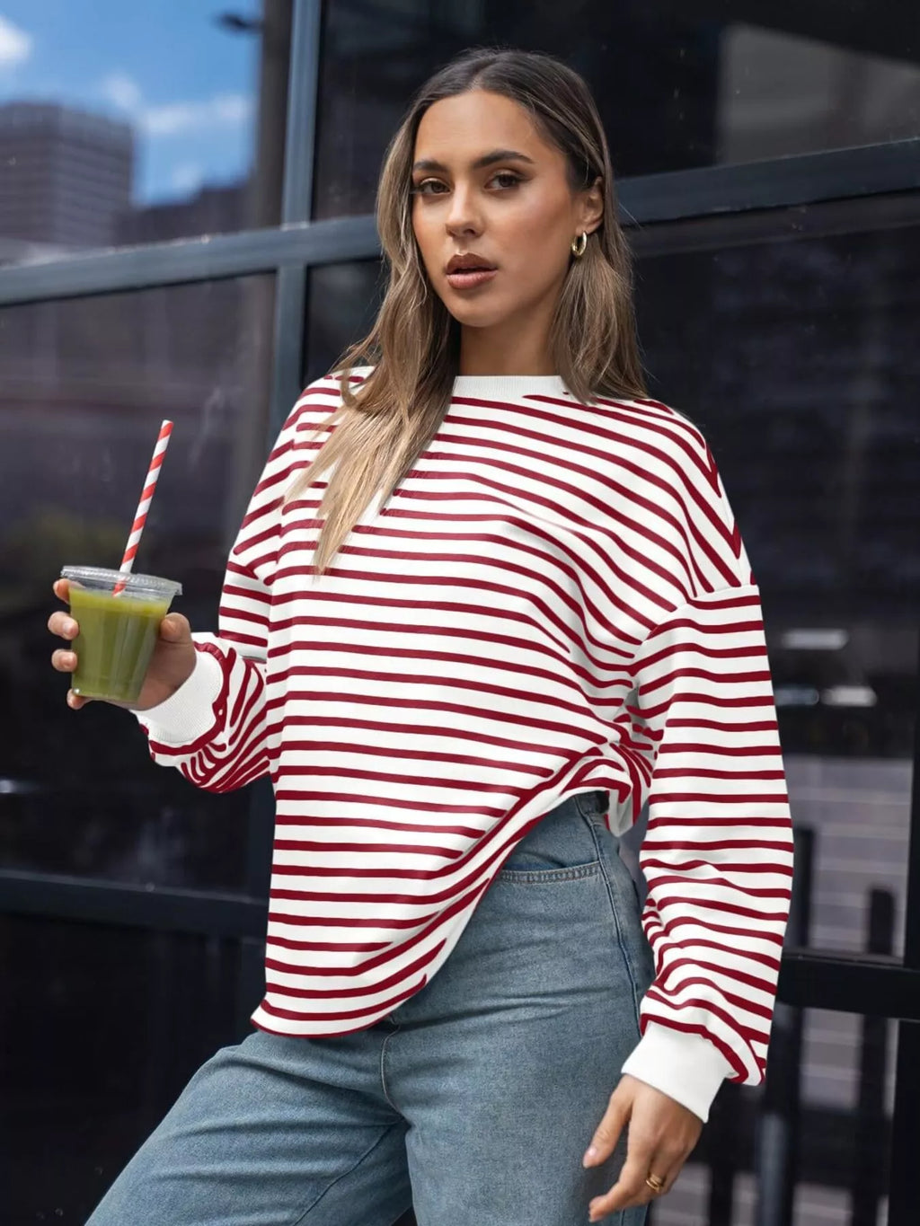 Striped Round Neck Oversized Casual Sweatshirt (12)