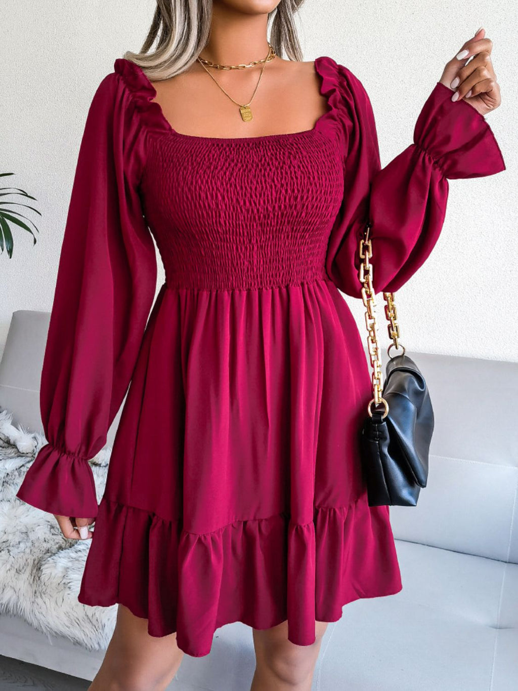 Smocked Flounce Sleeve Square Neck Dress (11)